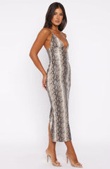 She's A Queen PU Midi Dress Tan Snake