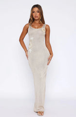 Marine Mist Sequin Knit Maxi Dress Champagne