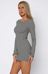 Lost Files Long Sleeve Mini Dress Black/White Stripe